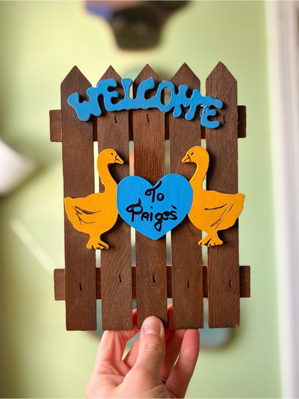 Welcome Wooden Wall Plaque with Blue Heart and Yellow Geese